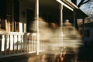 uma embaçado imagem do dois pessoas caminhando em a varanda do uma casa generativo ai foto