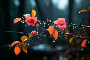 uma ramo com Rosa flores dentro a chuva generativo ai foto