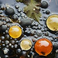 uma grupo do laranja e amarelo bolas flutuando dentro uma poça do água generativo ai foto