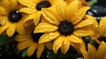 uma grupo do amarelo flores com água gotas em eles generativo ai foto