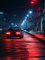 uma carro é dirigindo baixa uma rua às noite generativo ai foto