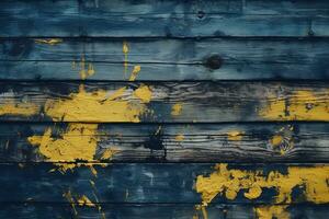 uma fechar acima do uma azul e amarelo pintado madeira parede generativo ai foto