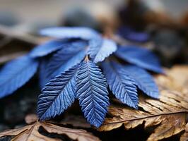 uma fechar acima do uma azul folha em topo do uma pilha do Castanho folhas generativo ai foto