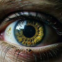 uma fechar acima do uma pessoas olho com amarelo íris generativo ai foto