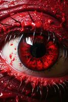 uma fechar acima do uma vermelho olho com sangue em isto generativo ai foto