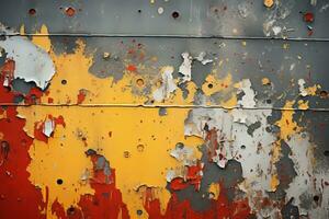 uma fechar acima do uma oxidado metal parede com pintura descamação fora generativo ai foto