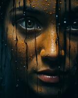 uma fechar acima do uma mulher face com chuva gotas em dela face generativo ai foto