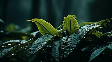 uma fechar acima do verde folhas dentro a chuva generativo ai foto