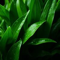 uma fechar acima do verde folhas com água gotas em eles generativo ai foto