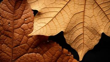 uma fechar acima do dois Castanho folhas em uma Preto fundo generativo ai foto