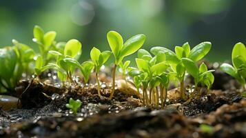 uma fechar acima do jovem plantas brotando a partir de a solo generativo ai foto