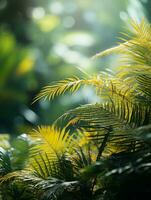 uma fechar acima Visão do uma tropical plantar com brilhante verde folhas generativo ai foto