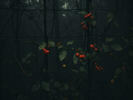 uma Sombrio floresta com vermelho bagas em a galhos generativo ai foto