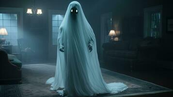 uma fantasma dentro uma branco vestir em pé dentro a meio do uma vivo quarto generativo ai foto