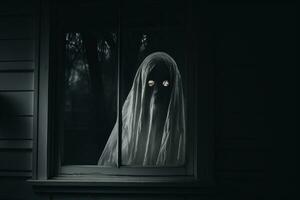 uma espectral imagem do uma fantasma olhando Fora do uma janela generativo ai foto