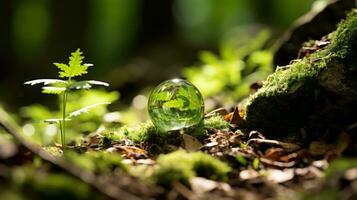 uma vidro bola sentado em a terra dentro a floresta generativo ai foto