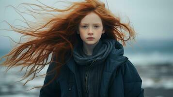 uma menina com vermelho cabelo em pé dentro frente do a oceano generativo ai foto