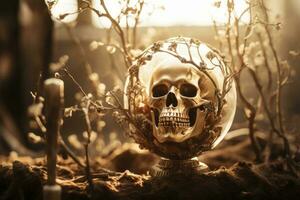 uma dourado crânio é sentado dentro uma vidro tigela cercado de plantas generativo ai foto