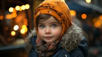 uma pequeno menina dentro uma inverno chapéu e casaco olhando às a Câmera generativo ai foto