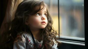 uma pequeno menina olhando Fora a janela generativo ai foto