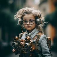 uma pequeno menina vestindo óculos e uma terno com uma Câmera em dela costas generativo ai foto