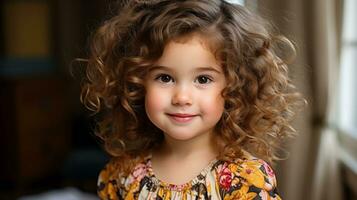 uma pequeno menina com encaracolado cabelo posando para a Câmera generativo ai foto