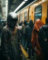 uma homem dentro uma capacete em pé dentro frente do uma trem generativo ai foto