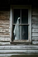 uma homem dentro uma branco roupão em pé dentro a janela do a velho casa generativo ai foto