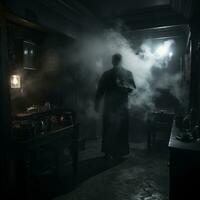 uma homem em pé dentro uma Sombrio quarto com fumaça chegando Fora do dele boca generativo ai foto