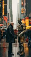 uma homem falando para uma robô estátua em uma chuvoso dia dentro Novo Iorque cidade generativo ai foto