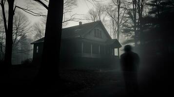 uma pessoa em pé dentro frente do uma casa dentro a Sombrio generativo ai foto