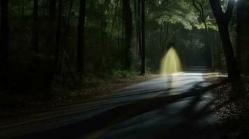 uma pessoa caminhando baixa uma Sombrio estrada dentro a madeiras generativo ai foto