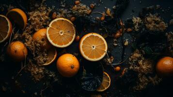 uma pilha do laranjas em uma Preto superfície generativo ai foto