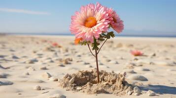 uma Rosa flor crescendo Fora do a areia em uma de praia generativo ai foto