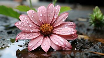 uma Rosa flor com água gotas em isto senta dentro uma poça generativo ai foto