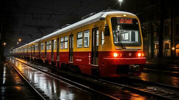 uma vermelho e amarelo trem em a faixas às noite generativo ai foto