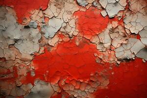 uma vermelho e branco pintado parede com descamação pintura generativo ai foto