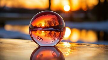 uma vermelho vidro bola sentado em uma mesa dentro frente do uma lago generativo ai foto