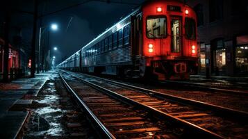 uma vermelho trem em a faixas às noite generativo ai foto
