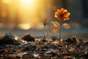 uma solteiro flor crescendo Fora do a terra dentro frente do a Sol generativo ai foto