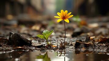 uma solteiro amarelo flor é em pé dentro uma poça do água generativo ai foto