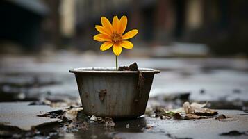 uma solteiro amarelo flor senta dentro uma Panela em a terra generativo ai foto