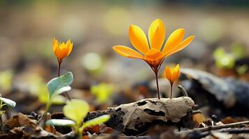 uma pequeno laranja flor é crescendo Fora do a terra generativo ai foto