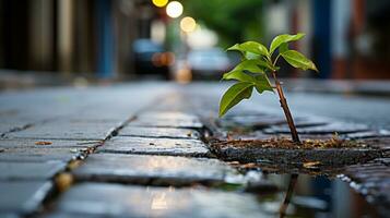 uma pequeno plantar crescendo dentro uma poça em uma rua generativo ai foto