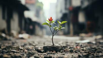 uma pequeno plantar é crescendo Fora do a terra dentro a urbano área generativo ai foto