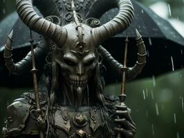 uma estátua do uma demônio segurando a guarda-chuva dentro a chuva generativo ai foto