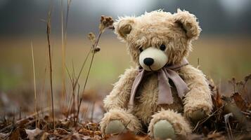uma Urso de pelúcia Urso sentado dentro uma campo do folhas generativo ai foto