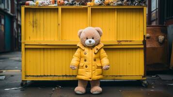 uma Urso de pelúcia Urso dentro uma amarelo casaco em pé dentro frente do uma amarelo armazenamento recipiente generativo ai foto