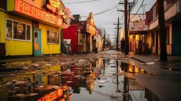 uma molhado rua com néon sinais refletindo dentro a poças generativo ai foto