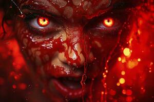 uma mulher coberto dentro sangue com vermelho olhos generativo ai foto